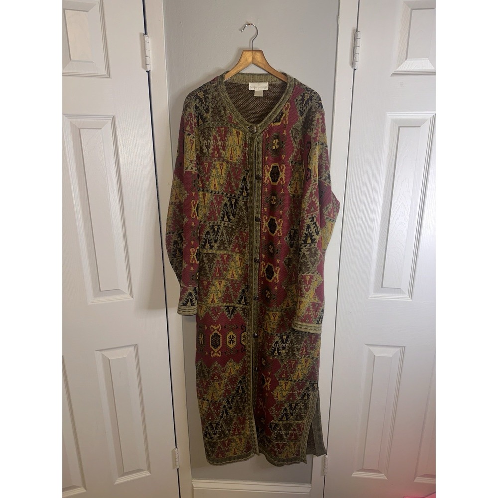 Soft Surroundings Long Cardigan Sweater Tapestry Jacket Art Wear Boho Heavy Sz L